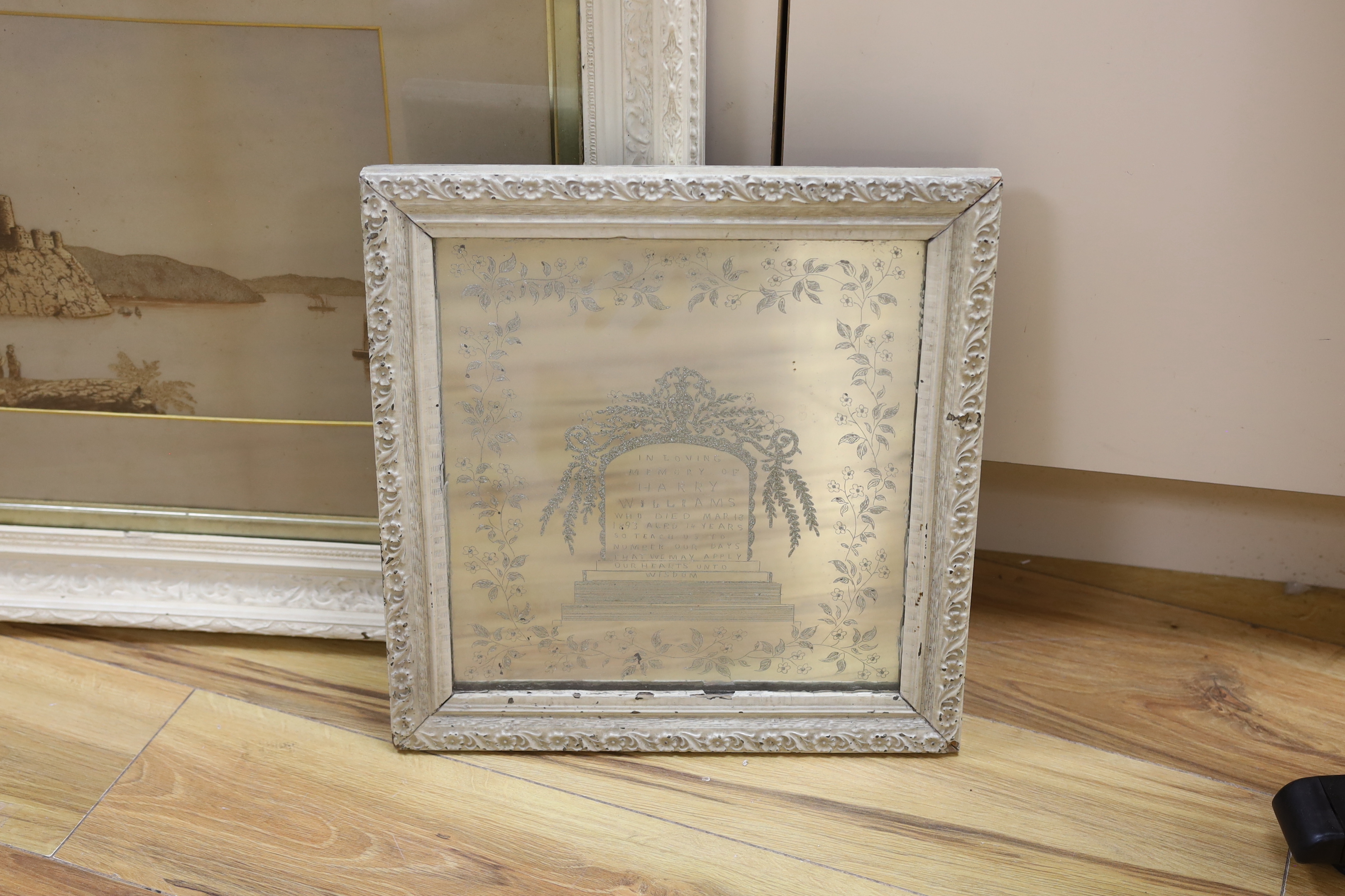 A cork picture and a Victorian engraved mirror, ‘In memory of Harry Williams, died 1893, aged fourteen’, largest 43 x 26cm